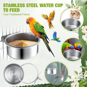 Rabbit Pet Food Dish Hamster Stainless Steel Clamp-on Water Drinker Bird Feeder Parrot Feeding Bowl Cage Cup Pet Hanging Bowl