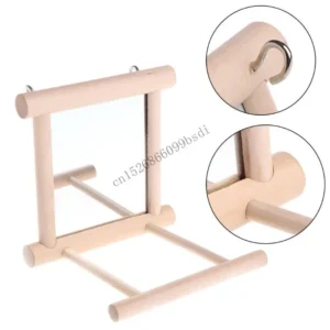11UA Bird Mirror Toy with Perch Hanging Parrot Wooden Perch Stand for Cockatiels
