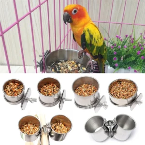Pet Birds Hanging Cage Bowl Dish Cup Anti-turnover Stainless Steel Feeding Food Drinking Feeder for Parakeet Lovebird