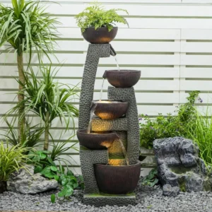 H Water Fountain Outdoor with LED Lights & Pump, 5-Tier Cascading Outdoor Fountain for Garden, Patio, Porch, Backyard, Home Art