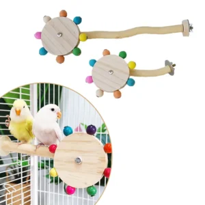 Funny Perch Toy with Rotating Balls Wood Interactive Bird Stand Colorful Parrot Foraging Toy Rotating Windmill Toy for Lovebirds