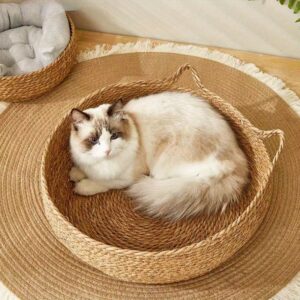 [2-Pack Breathable Cat Beds] 2-Pack Linen Rattan Cat Beds with Polyester Fiber Fill - Breathable Woven Pet Nests for Cats, Comfortable All-Season Basket with Handles