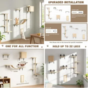 Wall Mounted Cat Furniture Set - 5 Piece Floating Shelves for Cats, Beige Color, Perfect Wall Shelves and Perches for Feline Fri