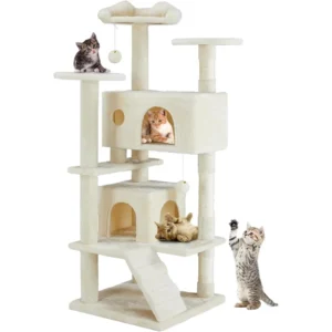 DUMOS 54-inch Indoor Cat Tree Tower –Multi-Level Pet House for Large Cats with 2 Condos, Scratching Posts, Round Platform, Small