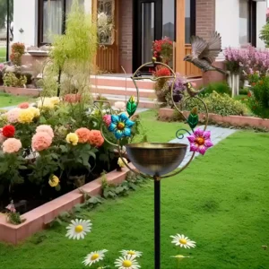 1 Piece Bird Feeder Kettle, Vintage Outdoor Bird Bath - Gold Base, 3-Legged Stand, Blue-Green Floral Design, Pink and Gold Color Scheme - Attracts Birds, No Electricity Needed, Easy to Install, Suitable for Backyard, Balcony or Commercial Spaces - Durable Iron Construction, Exquisite Sculpture, Deco