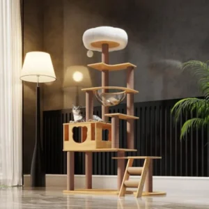 65-Inch Multi-Purpose Wooden Cat Tree Tower with Condo Design Featuring 13 Scratch Posts Padded Platform Bed Interactive Toy Ba