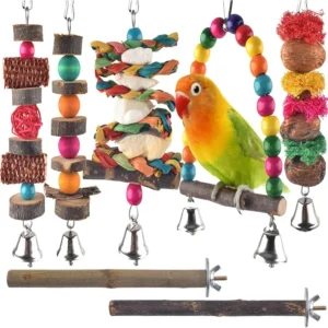 7 Packs Natural Wood Bird Chew Toys for Small Birds Parakeet Conure Cockatiel Parrotlet Lovebird Budgie Hanging Cage Toy with P