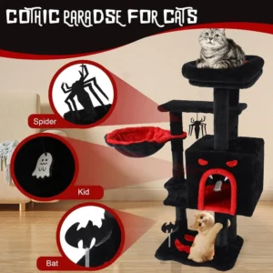 Large Indoor Gothic-Style Cat Tree with Coffin Bed, Scratching Post, Hammock, and Hanging Toys (Black)