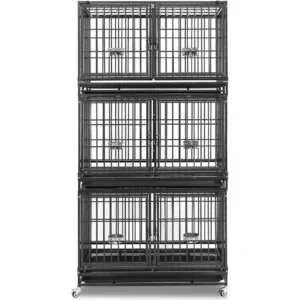 Three Tiers 43 inch Heavy Duty Dog Crate with Wheels, Stackable Indestructible Steel Dog Cage Kennel Indoor with Divider, Trays