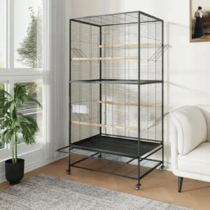 61" Large Bird Cage, Metal Fight Cage with Play Top, Rolling Stands, Feed Bowls
