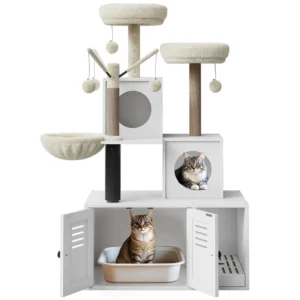 3-in-1 Cat Litter Box Enclosure With Cat Tree Tower Hidden Washroom Furniture Sisal Scratching Post & Plush Perch