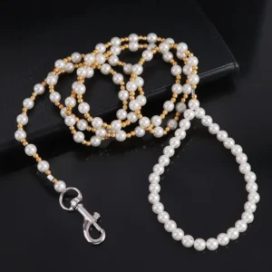 120cm Pearls Dog Harness Leash Luxury Strong Beaded Dog Leash Alloy Hook Elegant Pet Training Lead Leashes Walking Traction