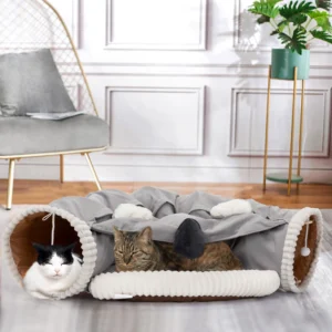 Collapsible Cat Tunnel Bed with Hanging Toys and Cushion Mat Indoor Amusement Hideout-XH