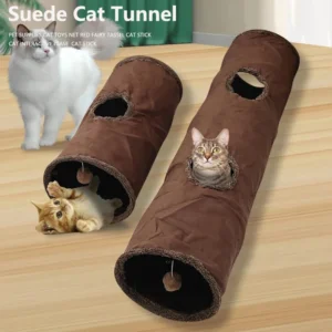 Cat Tunnel for Indoor Cats, 49.2×11.4 inch Foldable Big Cat Tunnel, Brown Suede Pet Tunnels with Two Peepholes and a Bubble Ball