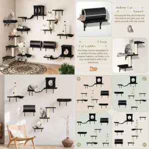 All-in-One Wall-Mounted Cat Climbing System with House, Tunnel, Bridge, Steps, and Scratching Post for Indoor Play