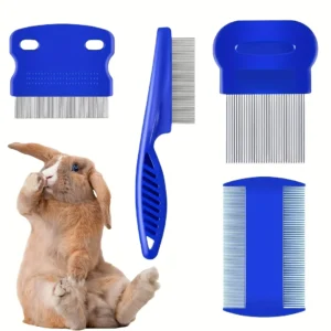 Pack of 4 Flea and Lice Combs, Stainless Steel Rabbit Dog Cat Grooming Comb with Round Teeth, Double-sided Professional Pet Tear