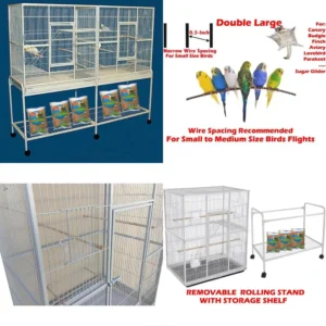 large 54 double breeder bird flight cage with divider, side nests, removable stand