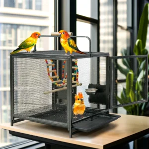 Portable Bird Cage Travel Carrier Cage Playpen with Hammock Toy Removable Tray