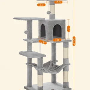Feandrea Cat Tree, 56.3-Inch Cat Tower for Indoor Cats, Multi-Level Cat Condo with 4 Scratching Posts, 2 Perches, Hammock, Cave