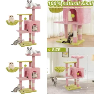 Pink Flower Perch Cat Tower, 41 Indoor Climbing Tree with Metal Frame, Scratching Post, and Hammock for Large Cats