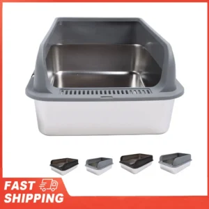 Stainless Steel Litter Box Anti Splashing Odorless Easy to Clean High Sides Semi Enclosed Cat Litter Box with Lid for Large Cats