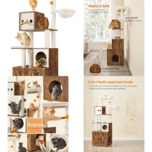 2-in-1 Modern Cat Tower: 70.8 Litter Box Enclosure & Scratching Post with Perches, Caves, Baskets, Washable Cushions, Rustic Bro