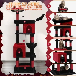 Sturdy 72 Gothic Cat Tower for Large Cats, Coffin Bed, 6 Scratching Posts, Hammock, Black & Red